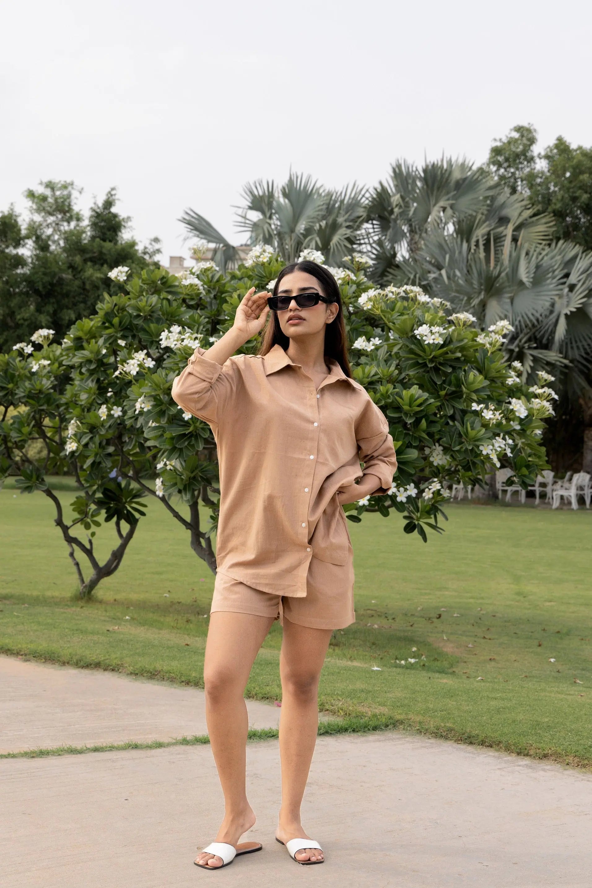 Brown Oversized Cotton Shirt & Shorts Set - Brown