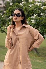 Brown Oversized Cotton Shirt & Shorts Set