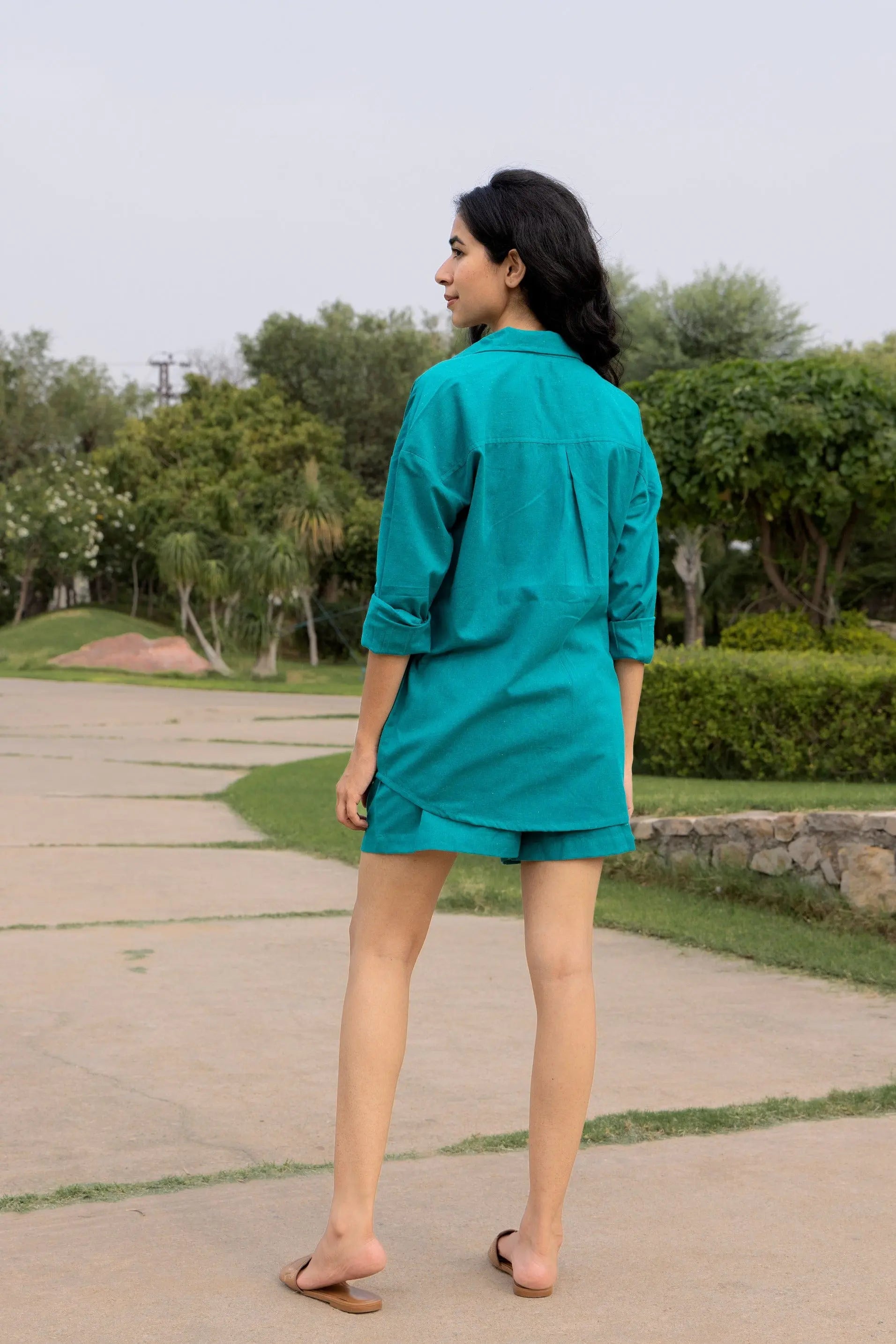 Teal Oversized Cotton Shirt & Shorts Set