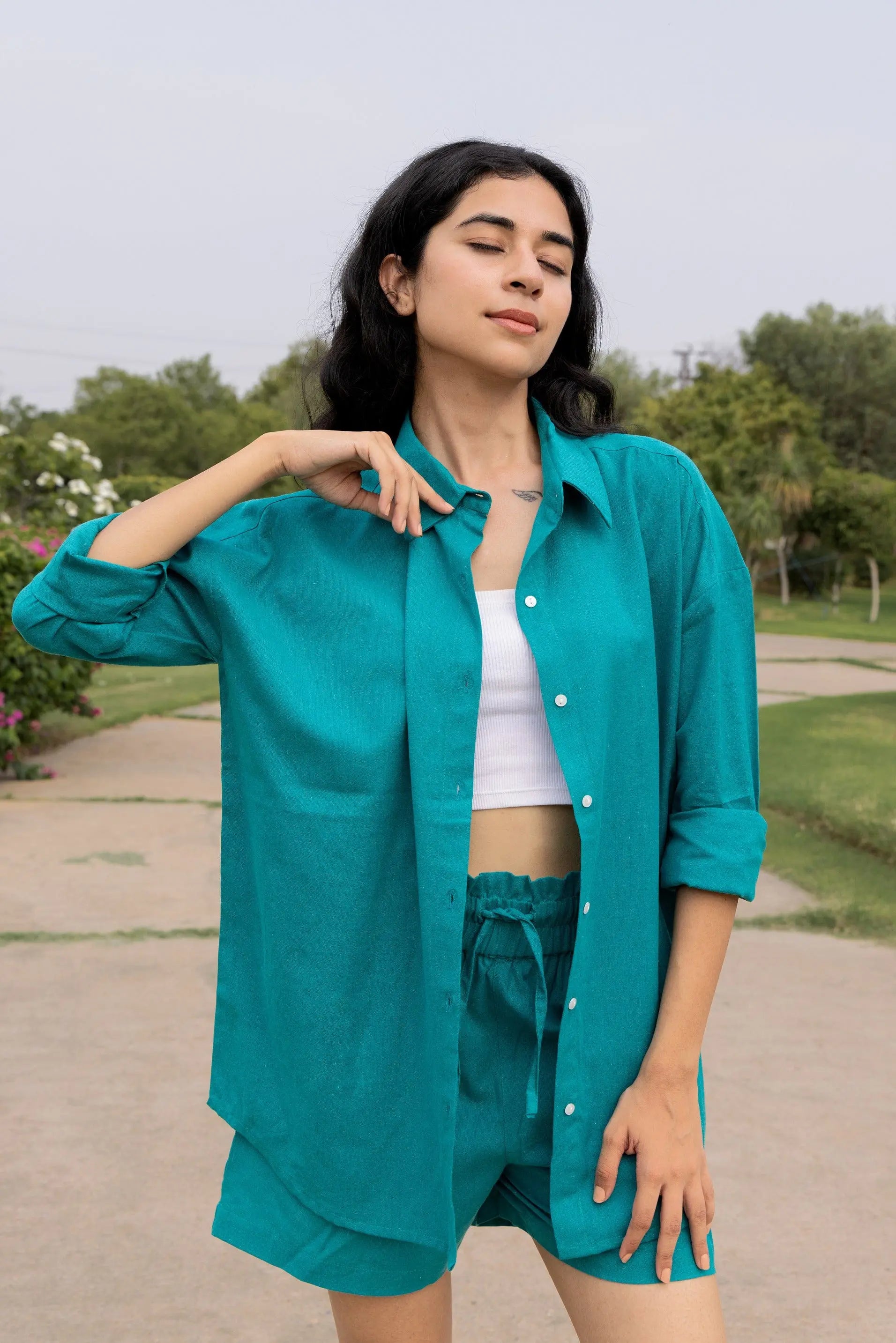 Teal Oversized Cotton Shirt & Shorts Set