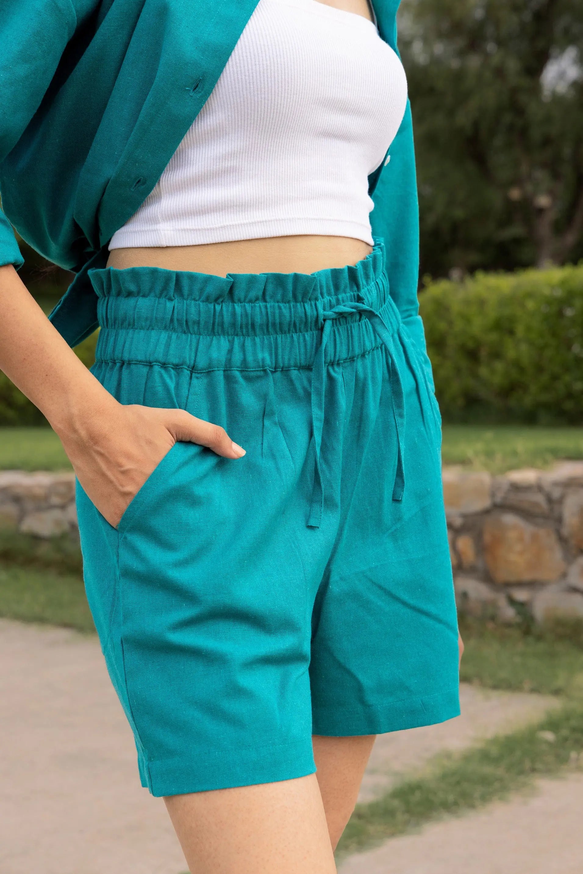 Teal Oversized Cotton Shirt & Shorts Set