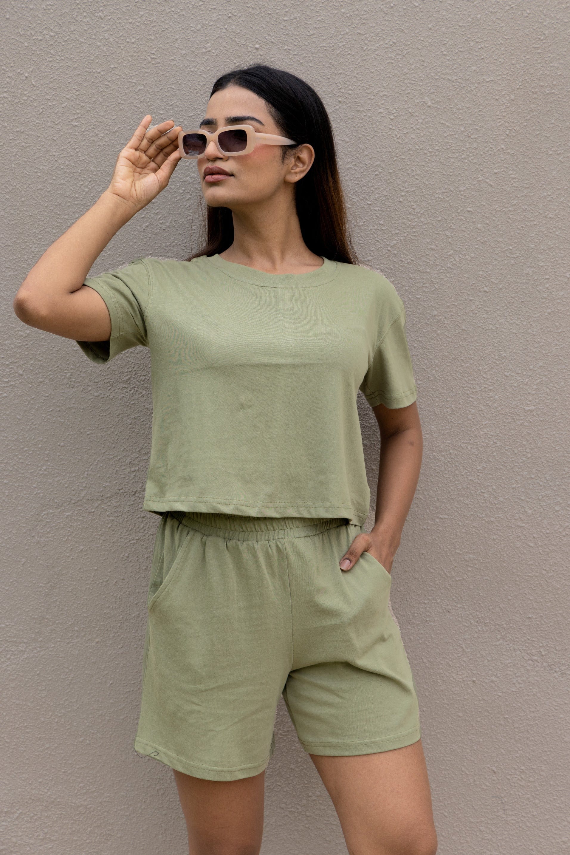 Sage green half sleeves cotton crop t-shirt & shorts set