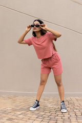 Pink half sleeves cotton crop t-shirt & shorts set