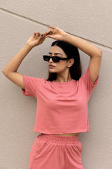 Pink half sleeves cotton crop t-shirt & shorts set