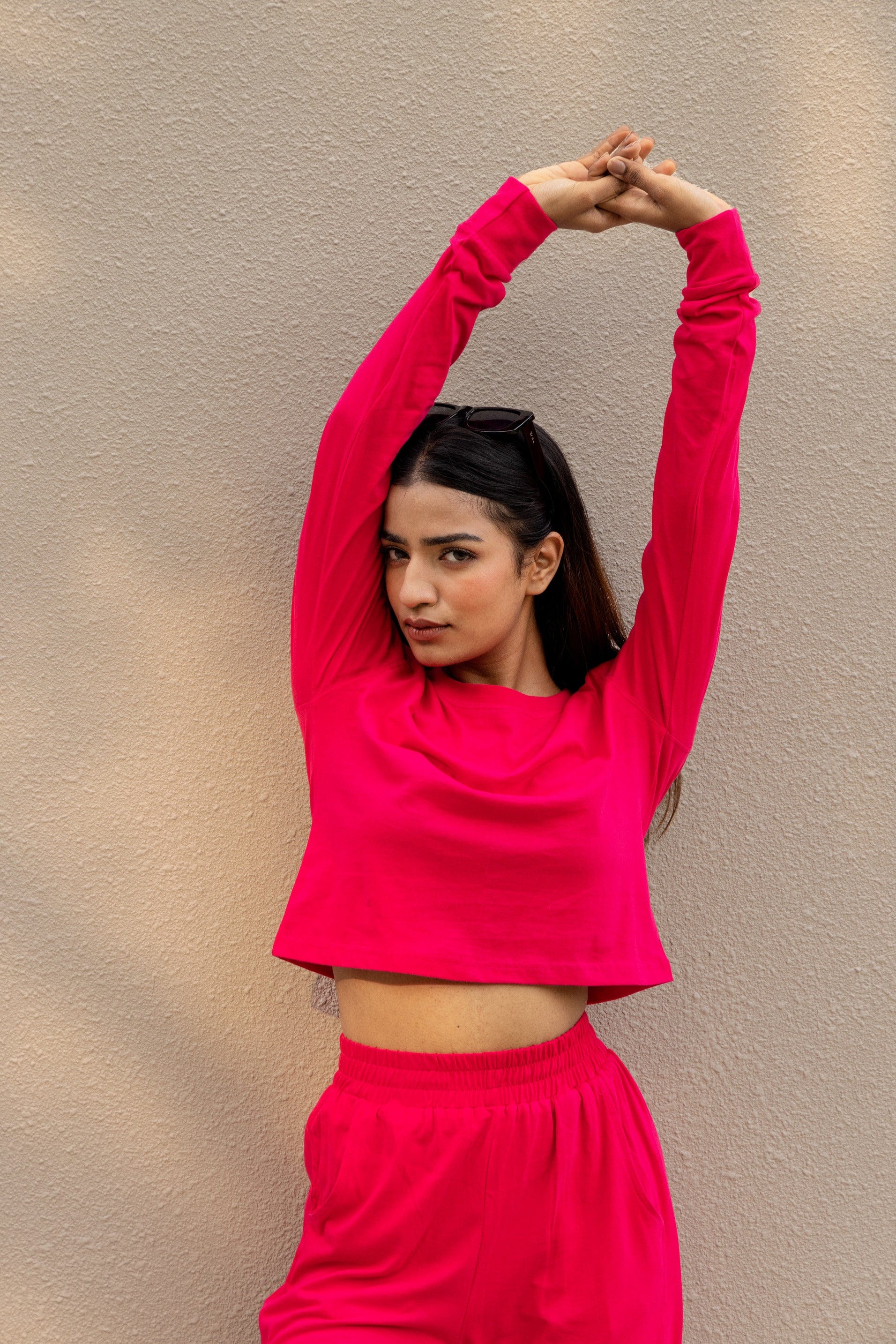 Hot Pink Full Sleeves Cropped Cotton T-shirt & Pants set