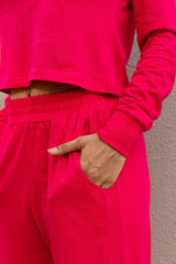 Hot Pink Full Sleeves Cropped Cotton T-shirt & Pants set