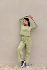 Sage Green Full Sleeves Cropped Cotton T-shirt & Pants set