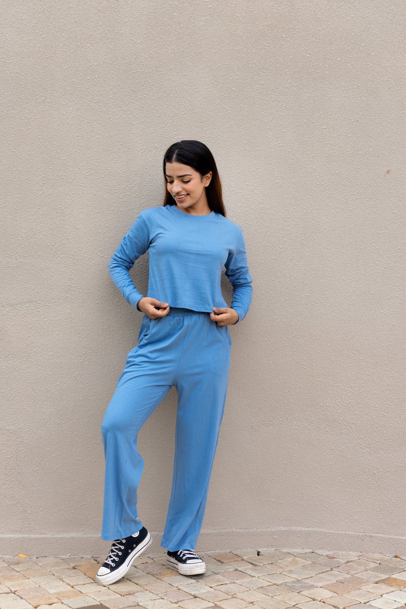Sky Blue Full Sleeves Cropped Cotton T-shirt & Pants set