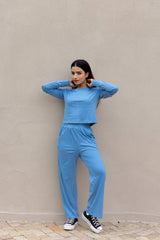Sky Blue Full Sleeves Cropped Cotton T-shirt & Pants set