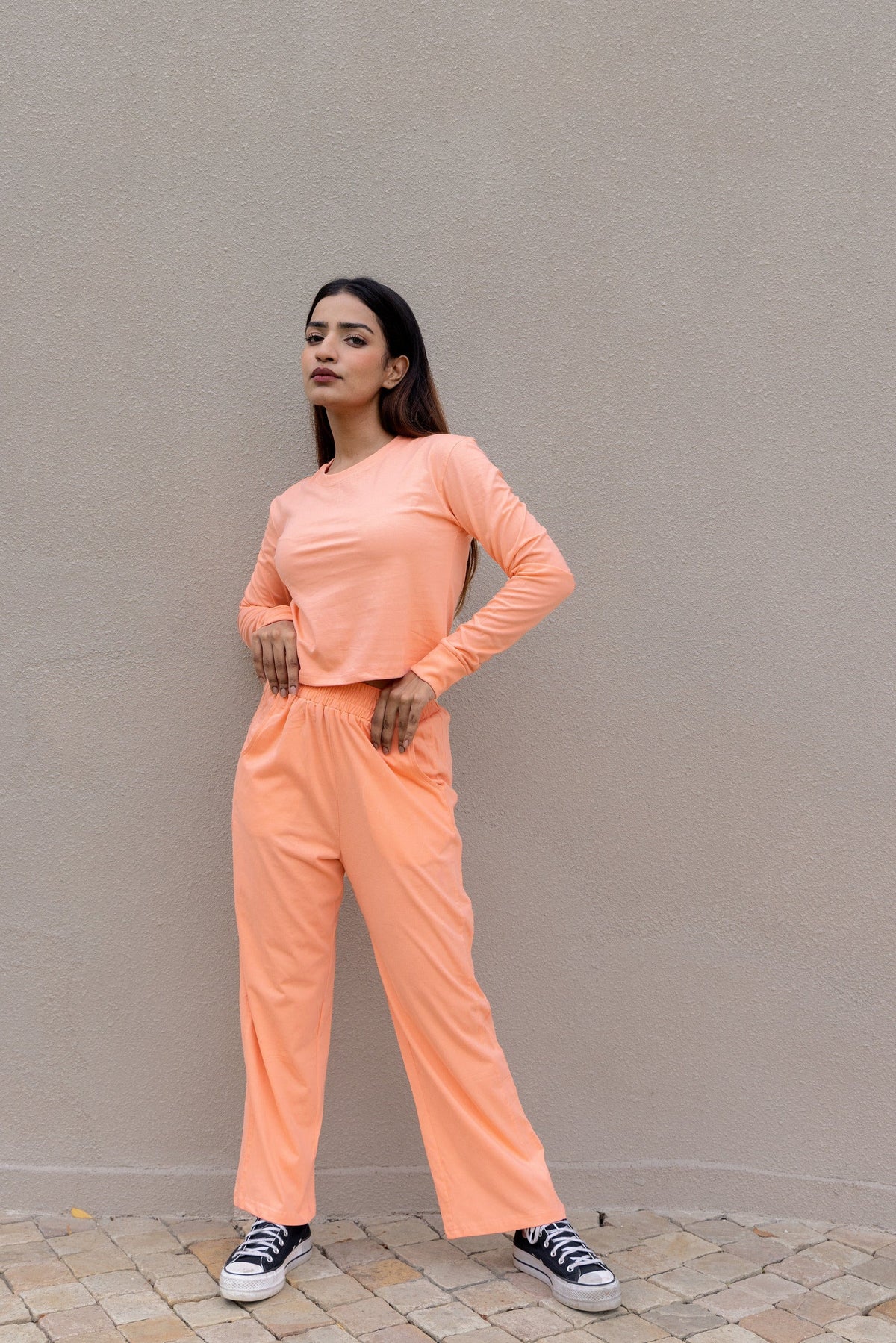 Peach Full Sleeves Cropped Cotton T-shirt & Pants set