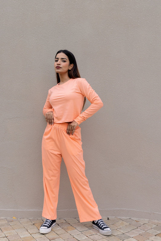 Peach Full Sleeves Cropped Cotton T-shirt & Pants set