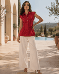 Cotton Satin Clinched Waist Top - Ruby