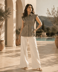 Cotton Satin Clinched Waist Top - Muted Brown