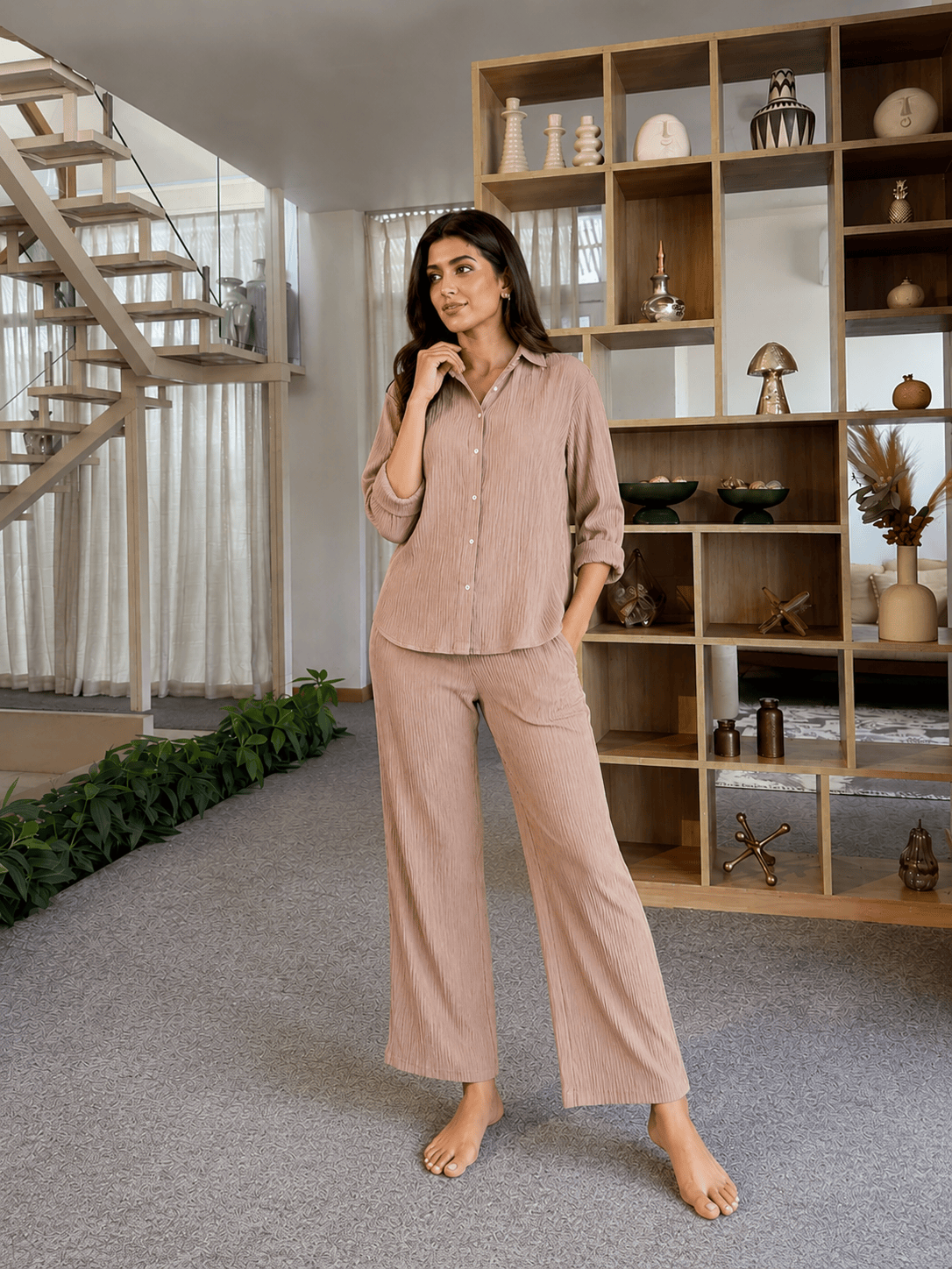 Knitted Shirt & Pants Set - Beige