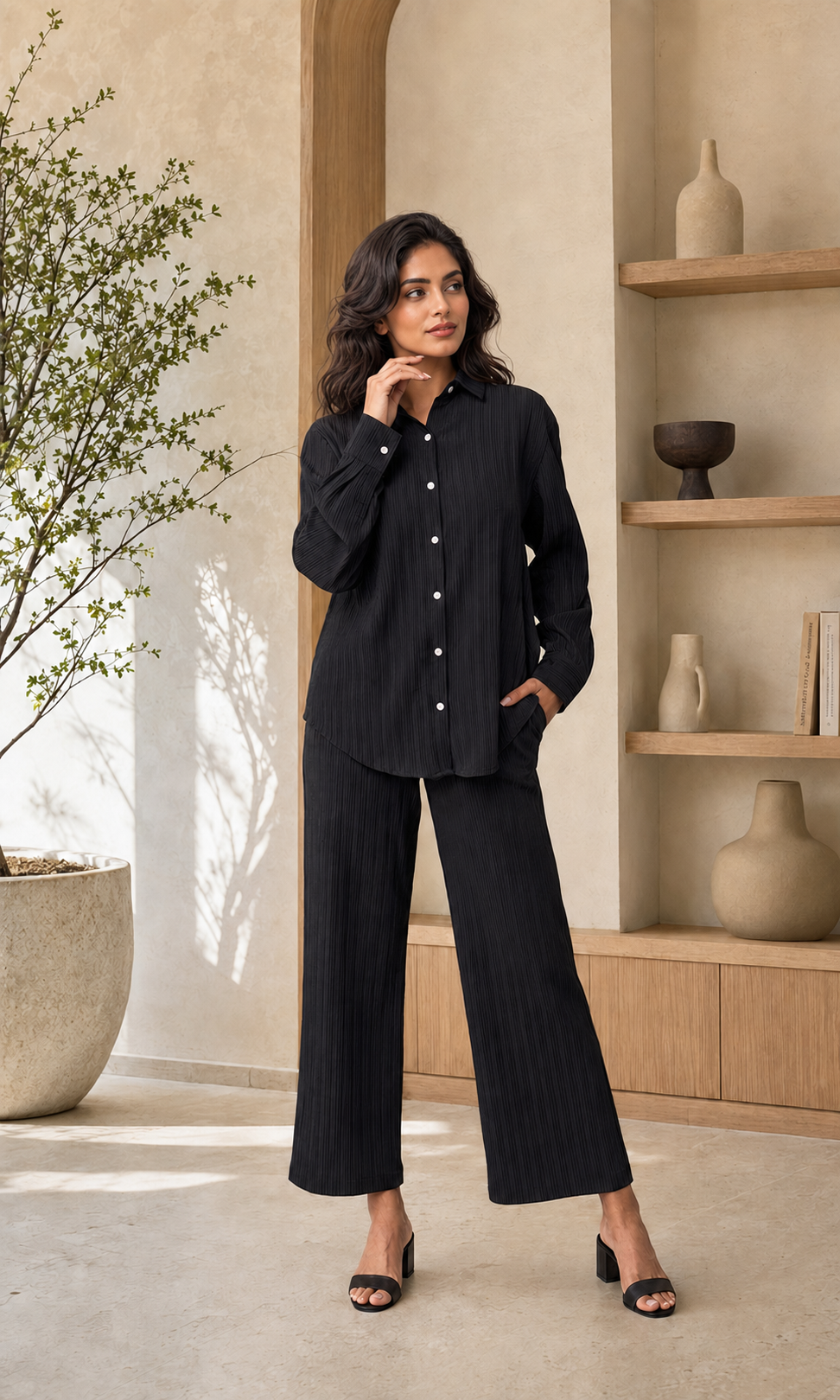 Knitted Shirt & Pants Set - Black