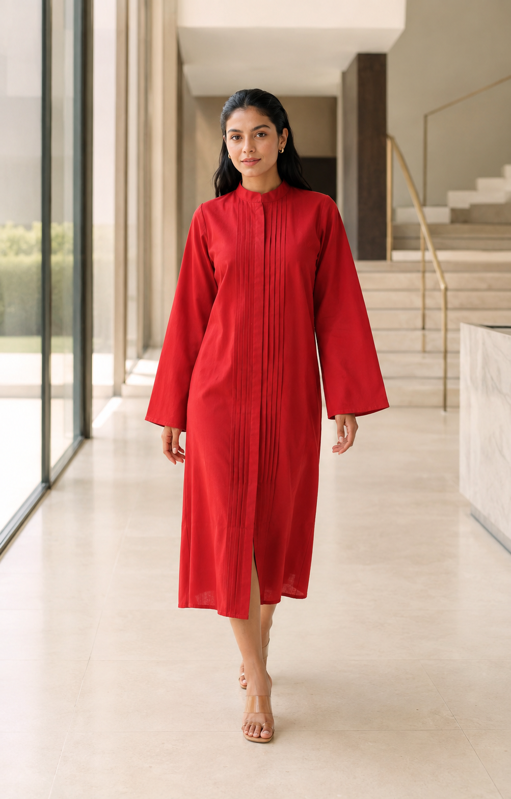 Pleated Long Kurta - Red