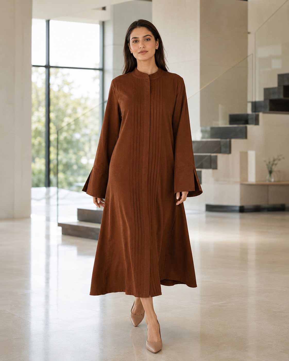 Pleated Long Kurta - Earth Brown