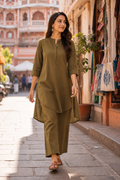 High Low Midi Kurta - Olive Green
