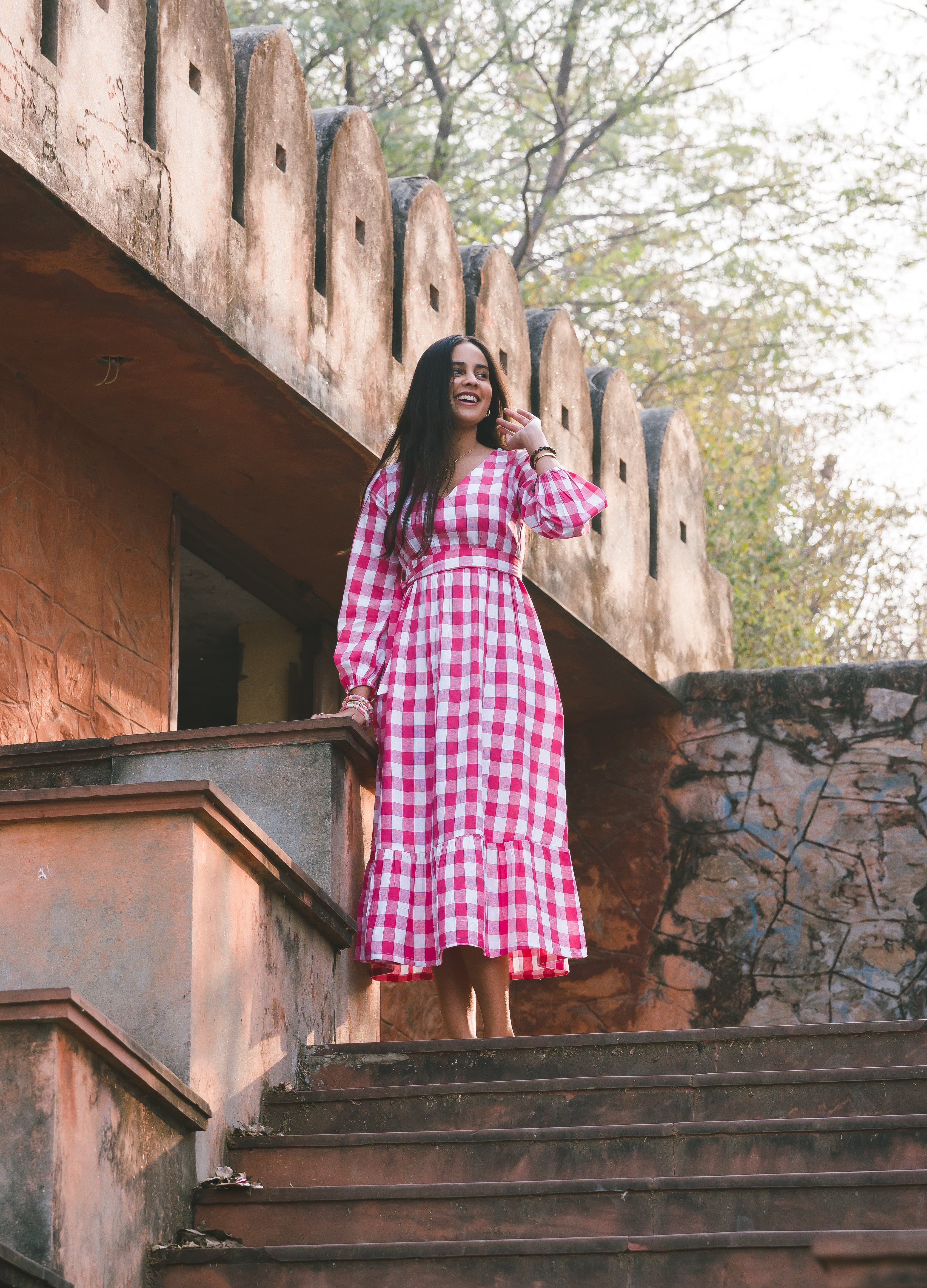 Gingham Full Dress - Pink