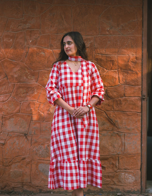 Gingham Full Dress - Red