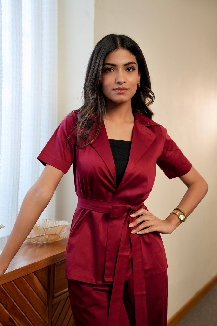 Crossover Kimono Waistcoat Set - Red
