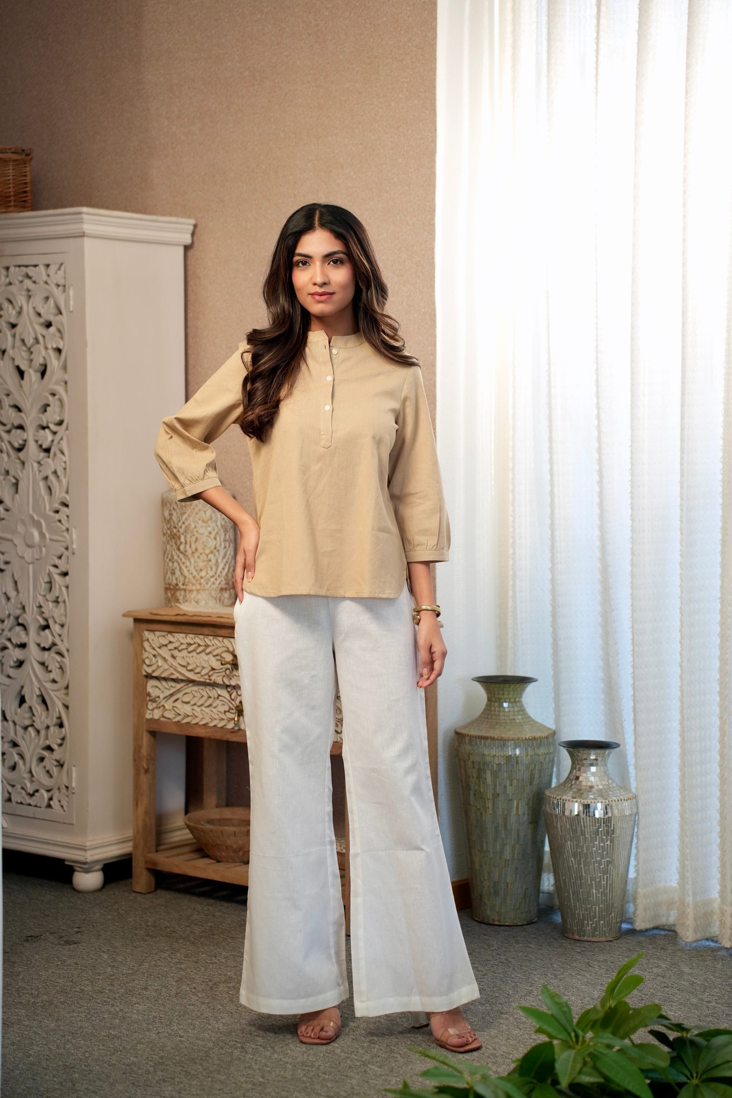 Short Linen Kurta - Khaki