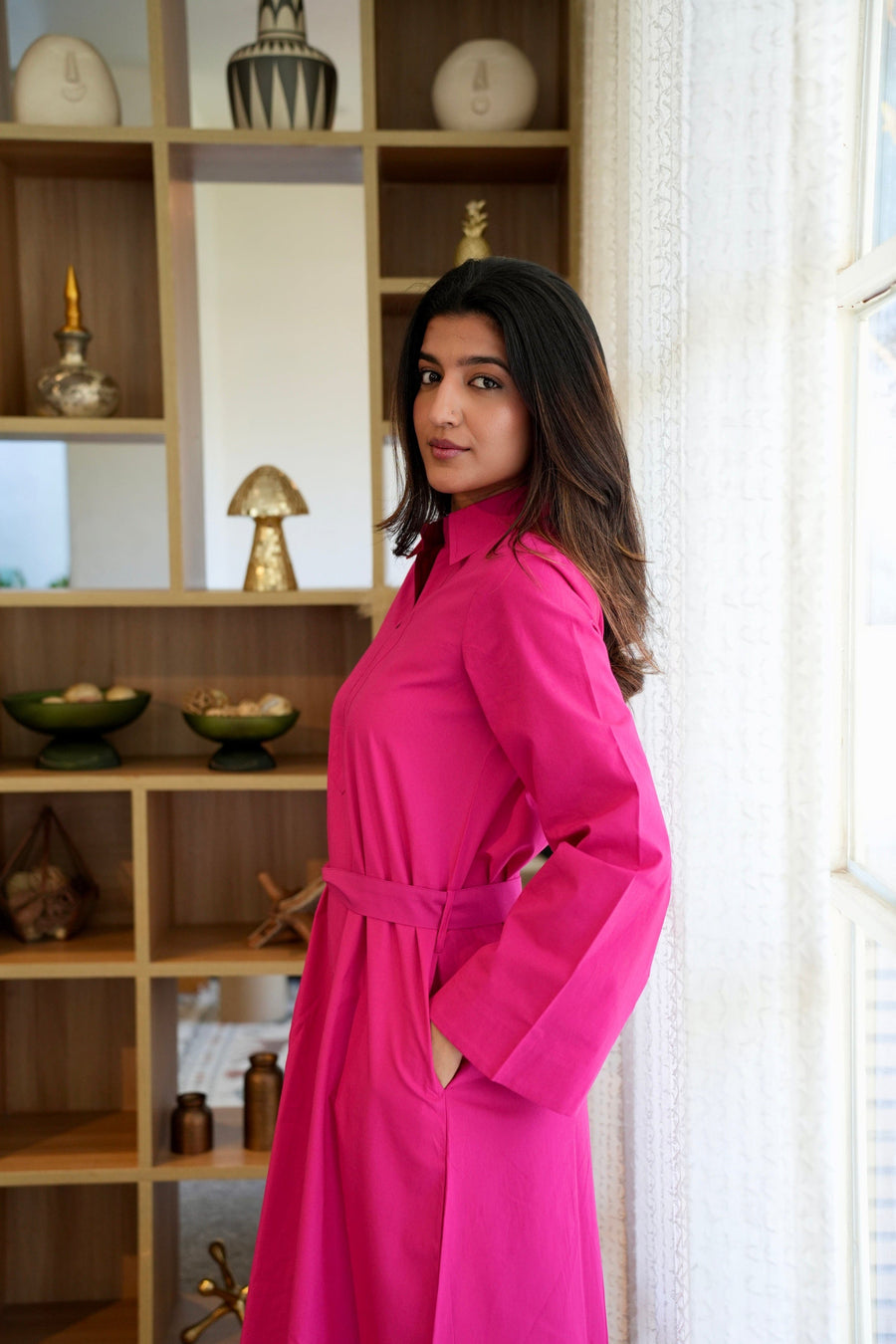 Classic Belted Tunic Dress - Pink