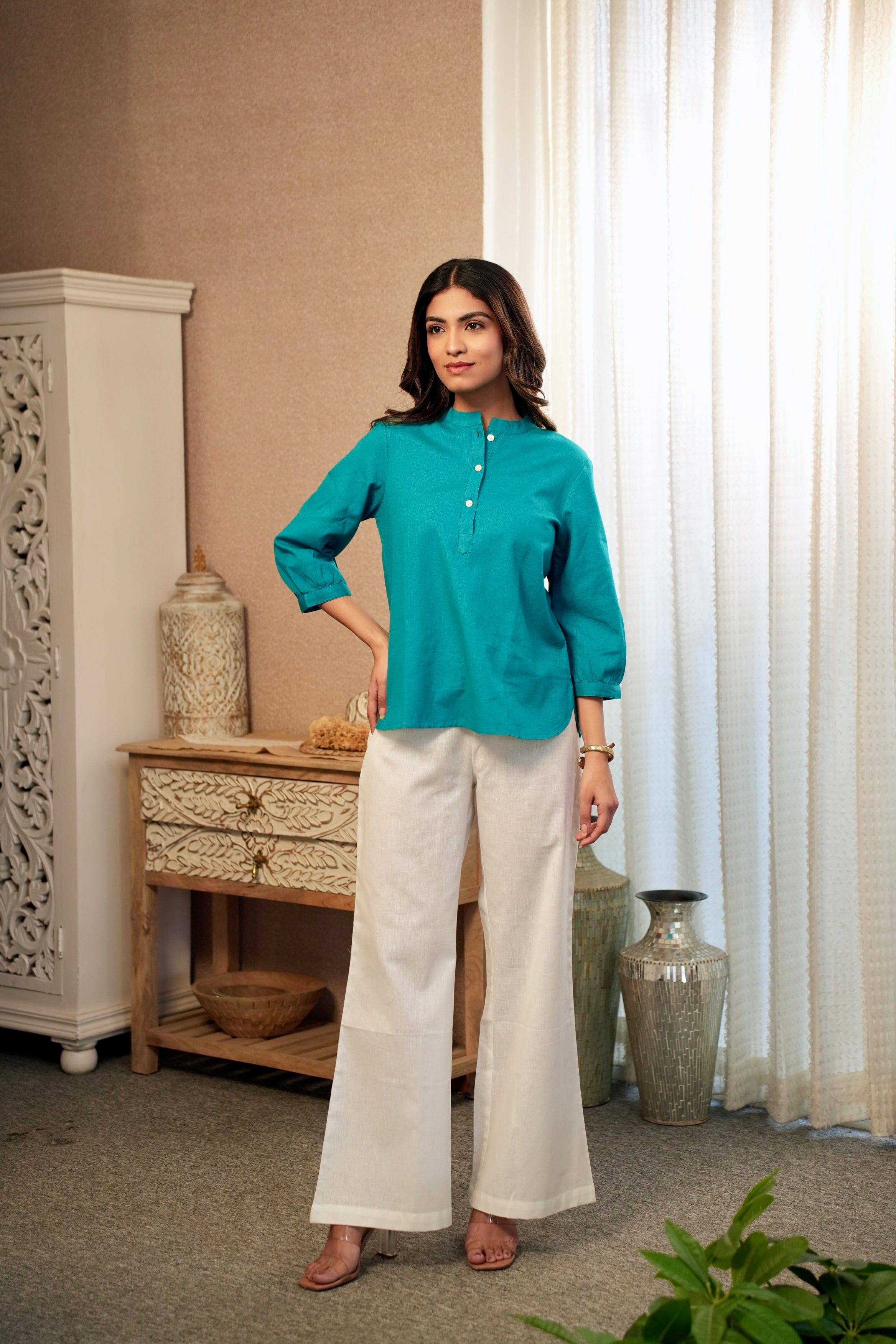 Short Linen Kurta - Teal