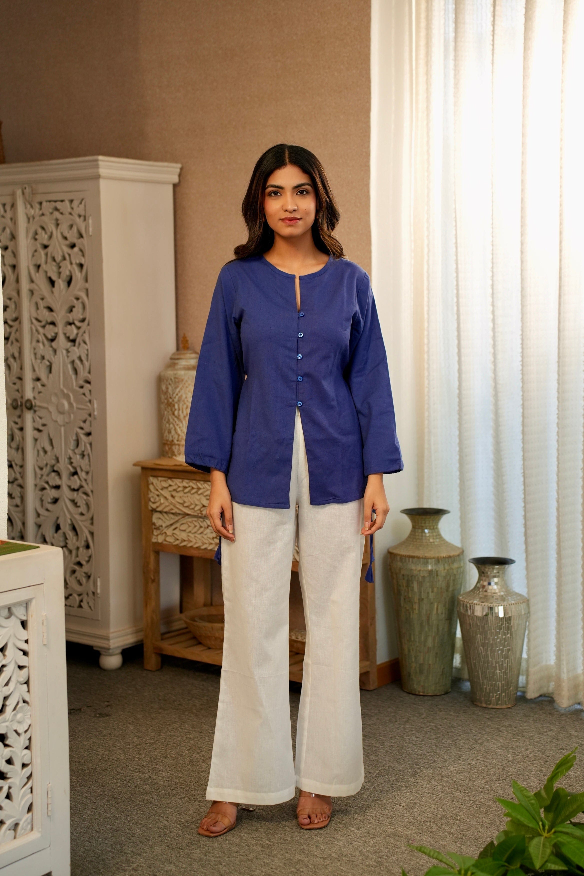 Royal Blue Button-up Tunic Top with Tassels