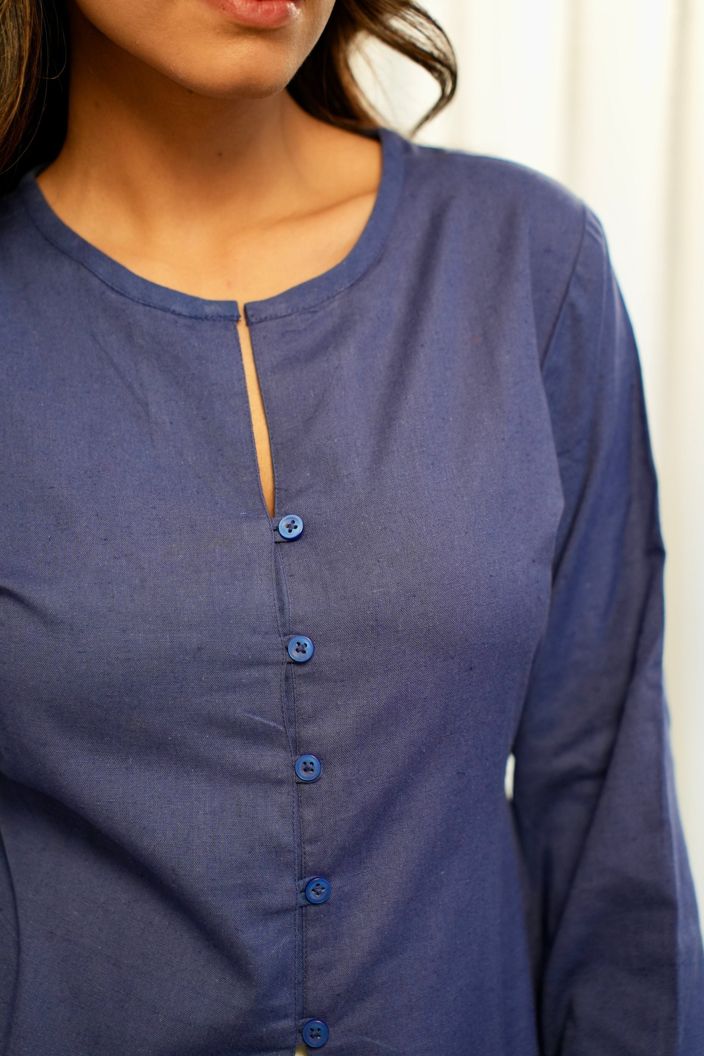 Royal Blue Button-up Tunic Top with Tassels
