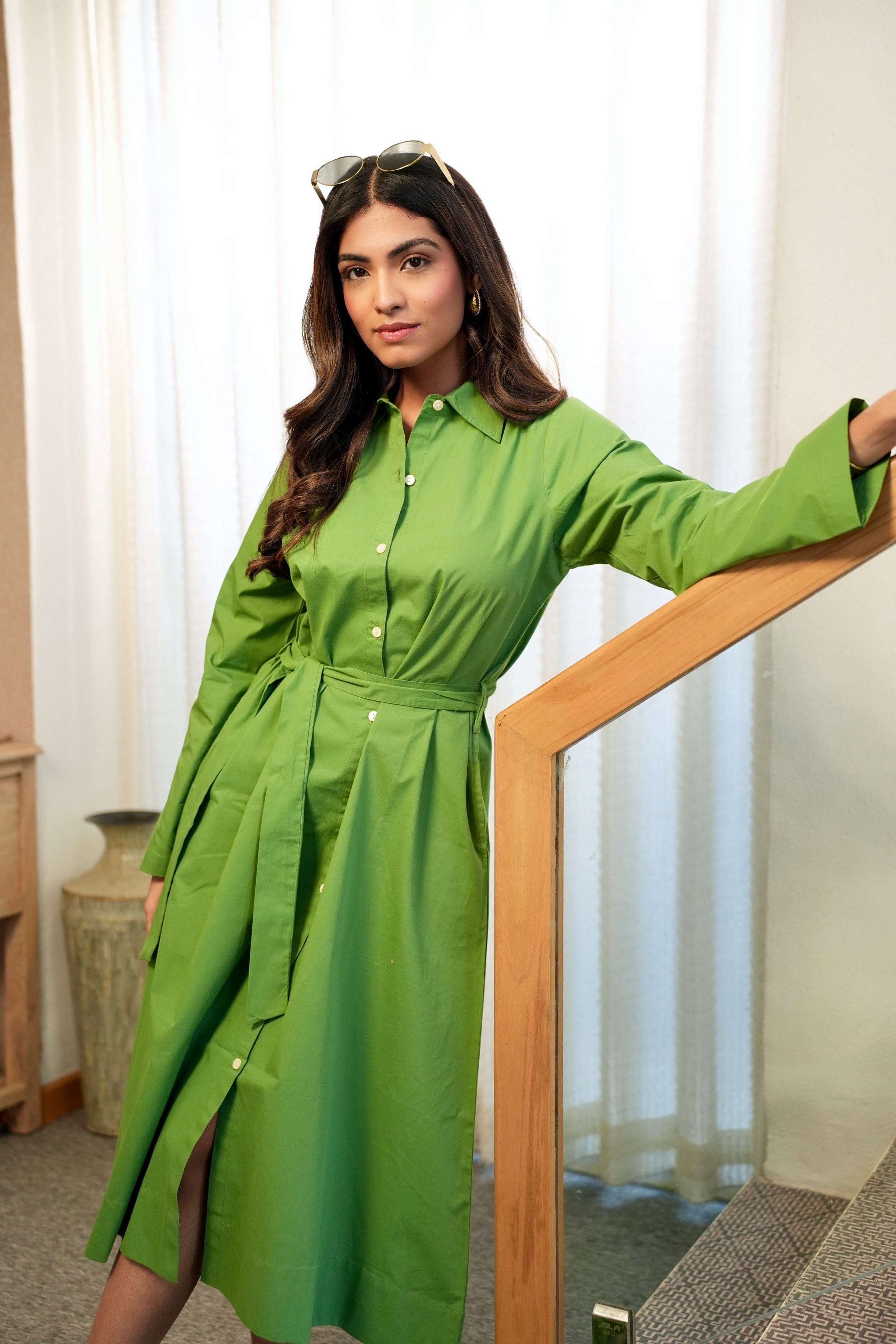 Classic Belted Shirt Dress - Sage Green