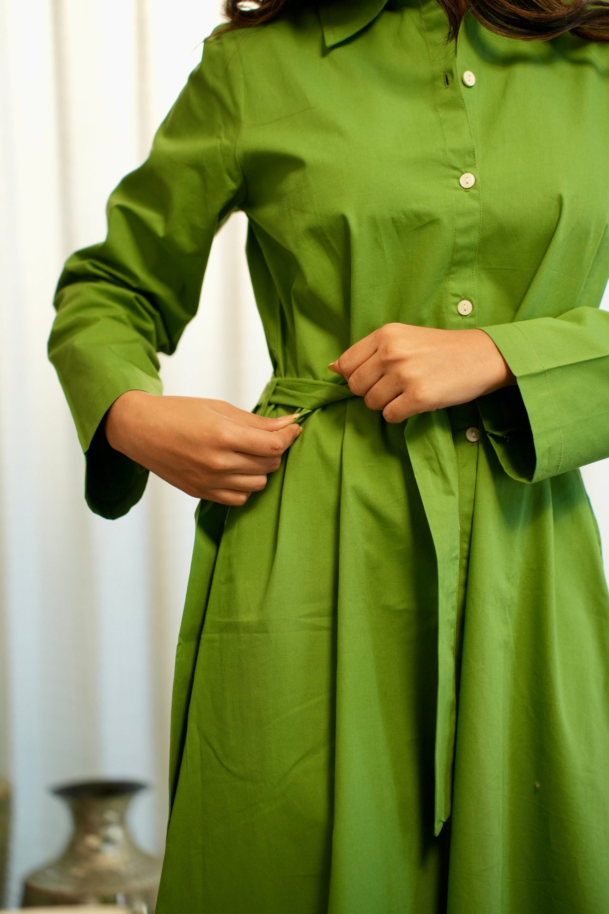 Classic Belted Shirt Dress - Sage Green