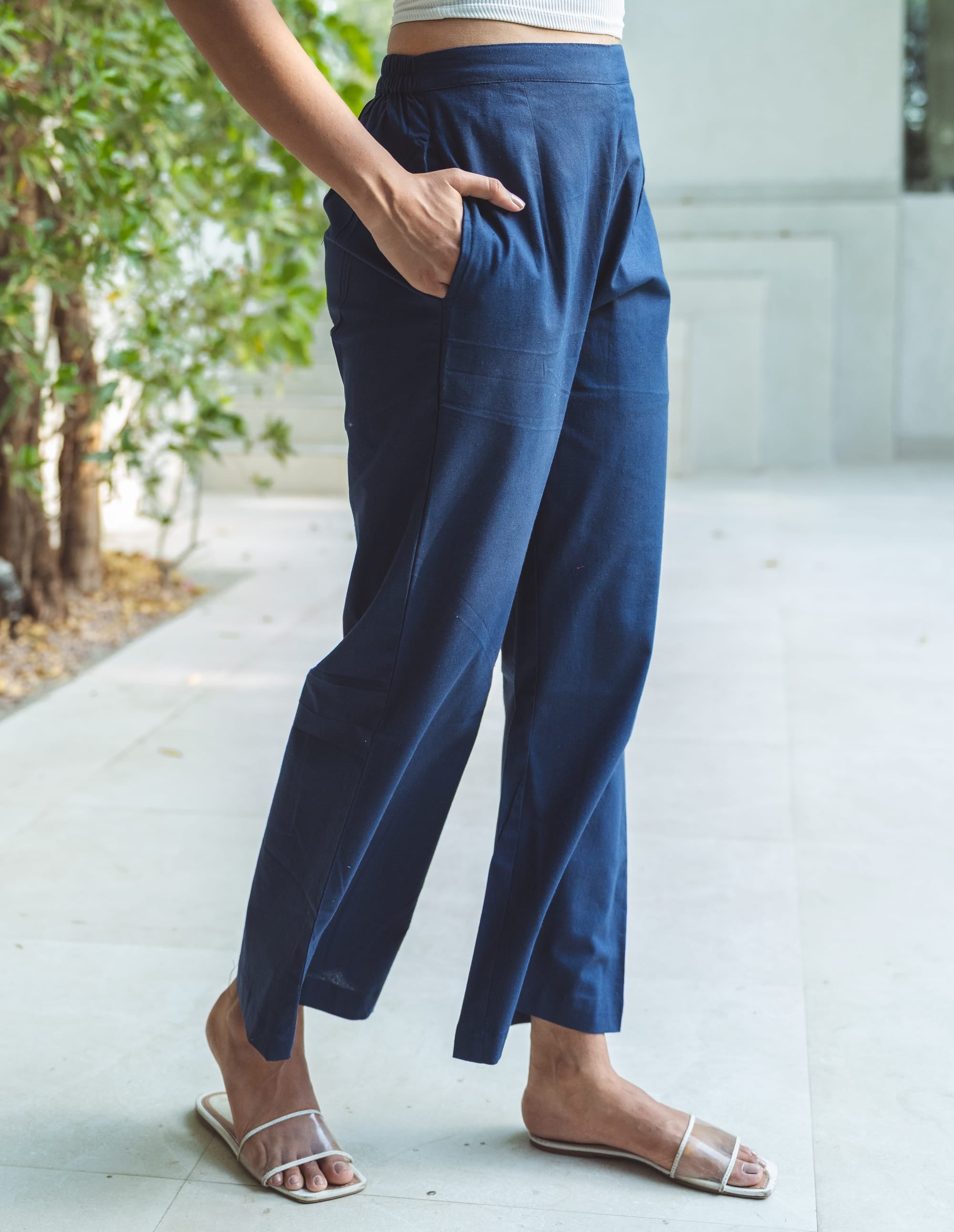 Cotton Linen Flared Pants - Midnight Blue