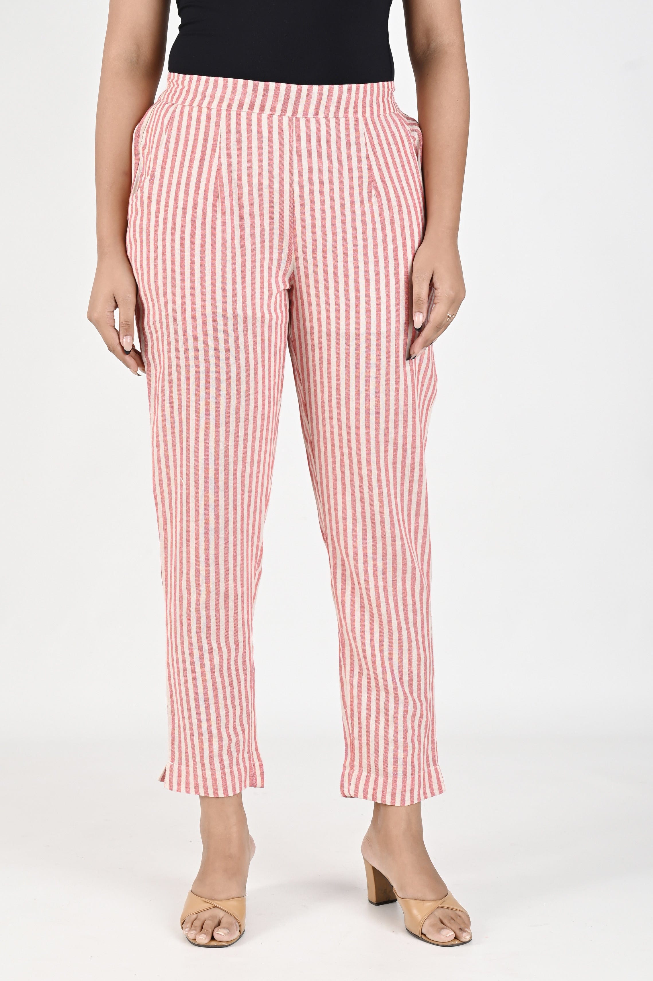 Coral Striped Cotton Pants