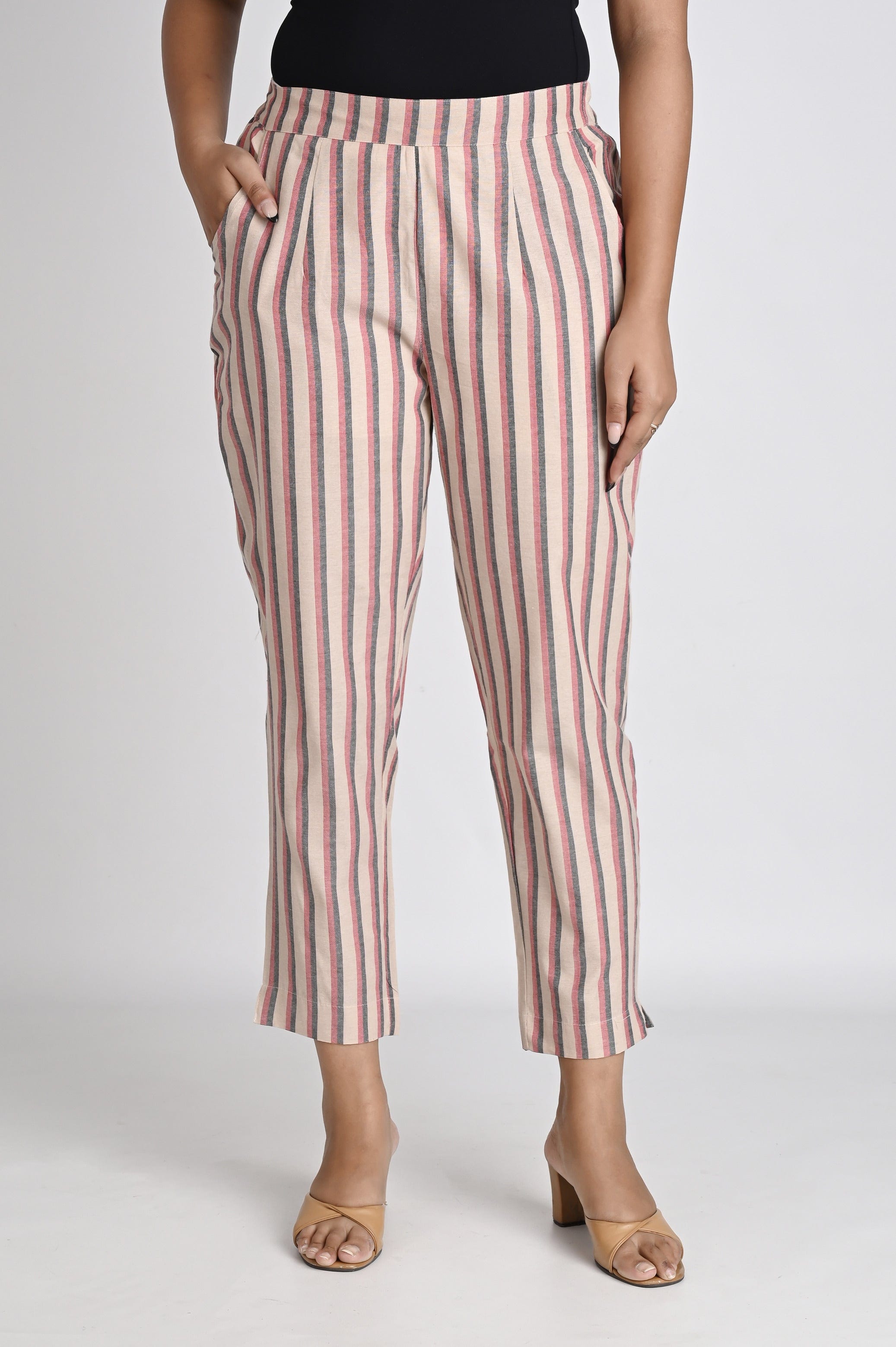 Brown & Maroon Striped Cotton Pants