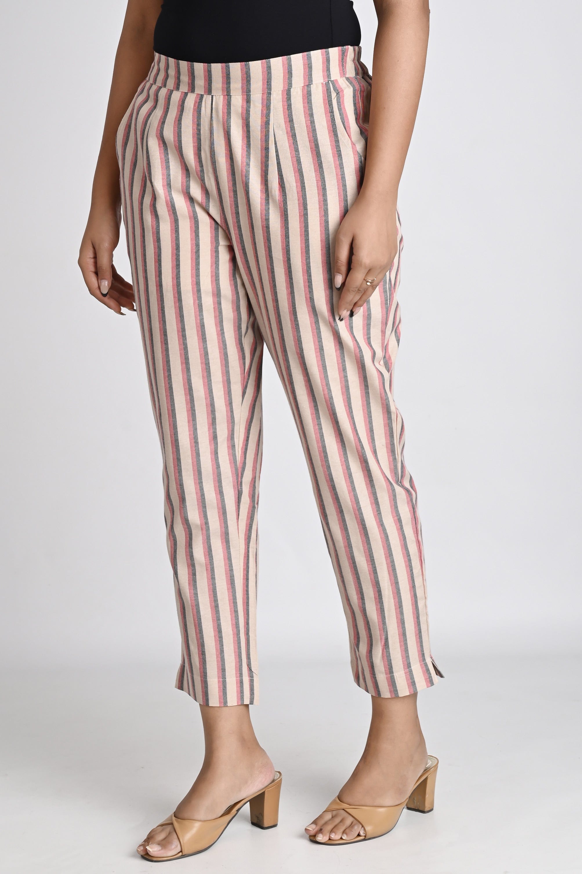 Brown & Maroon Striped Cotton Pants