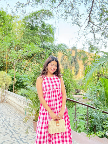 Classic A-Line Gingham Dress - Pink