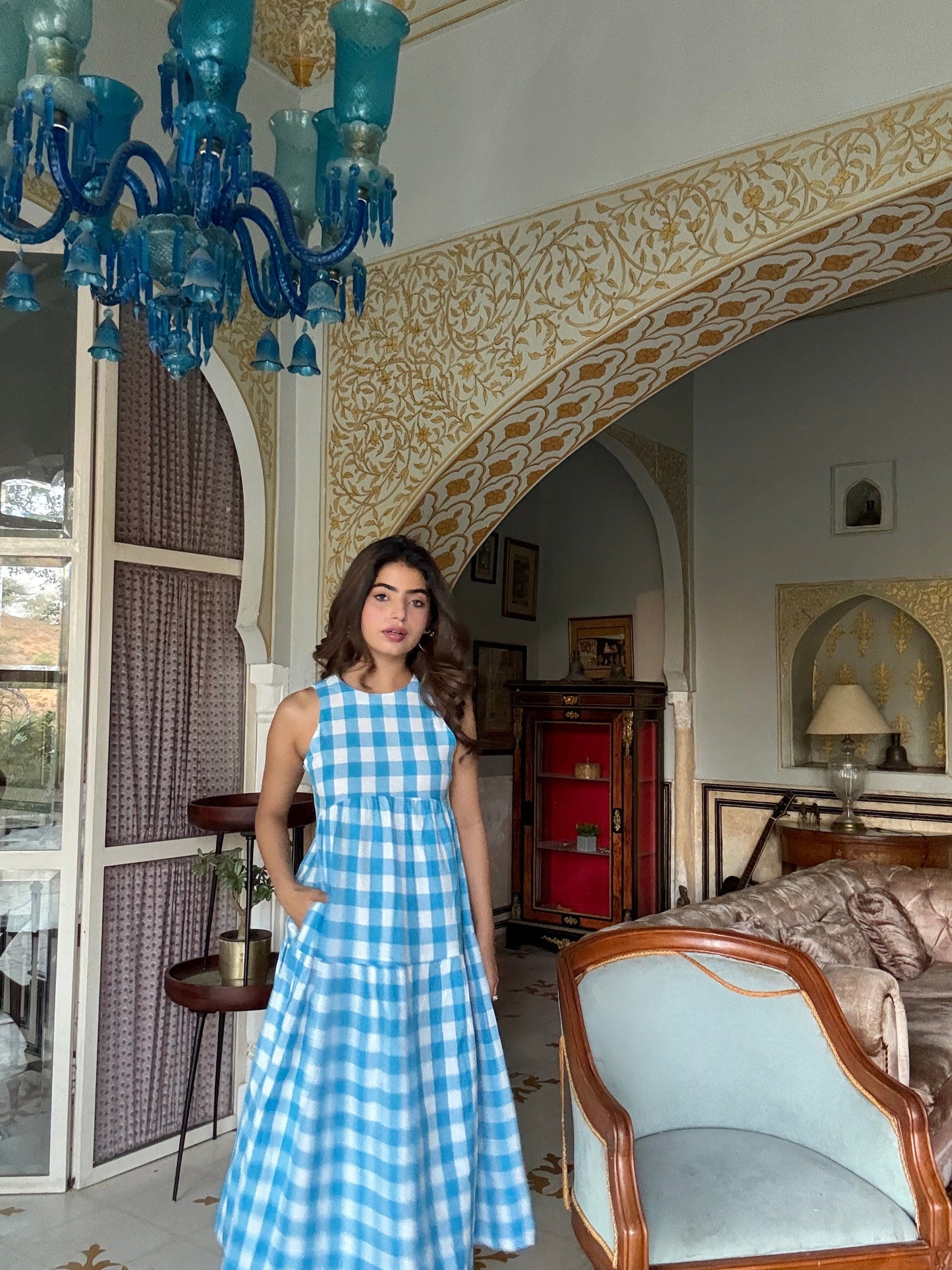 Classic A-Line Gingham Dress - Blue