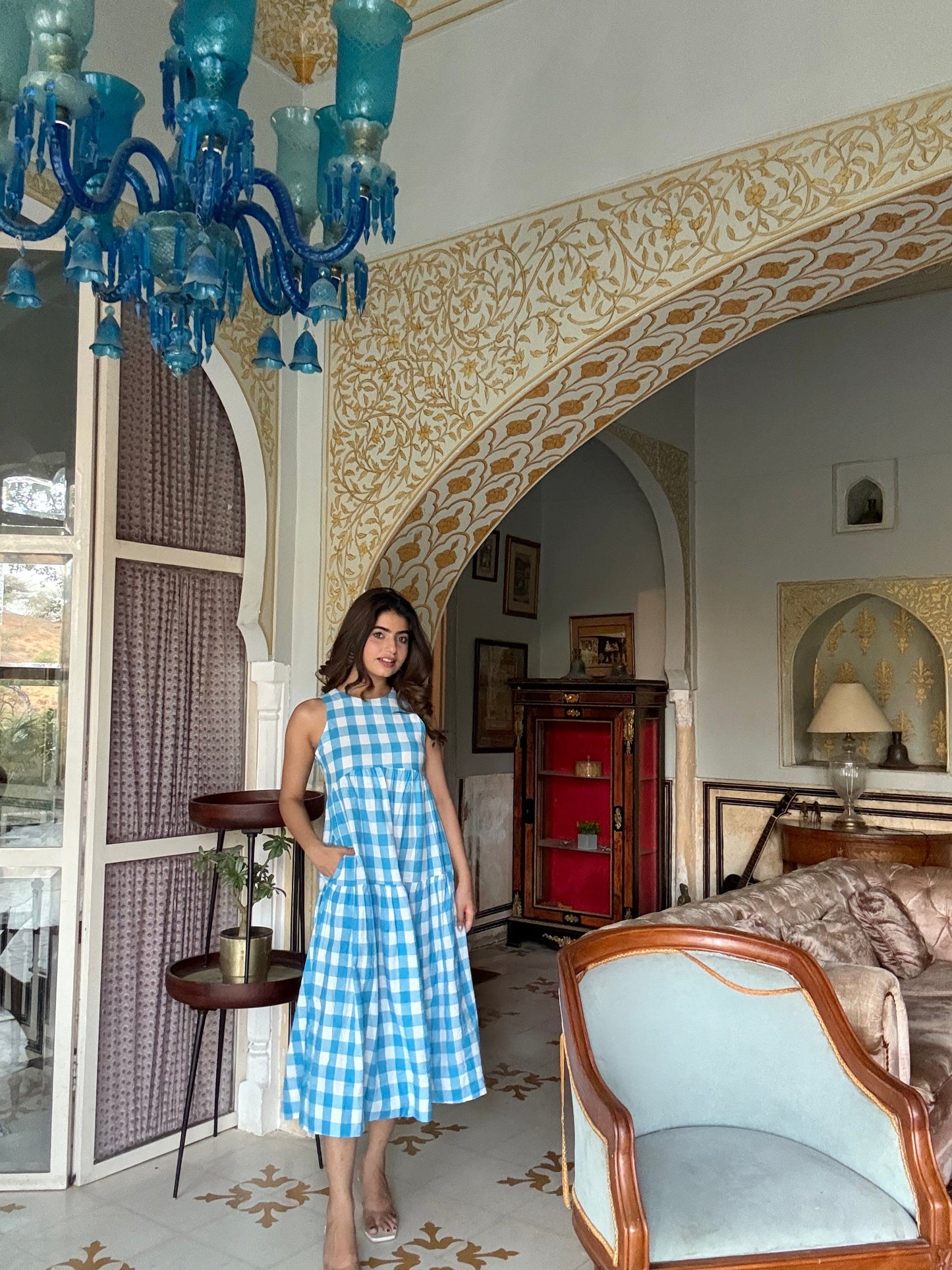 Classic A-Line Gingham Dress - Blue