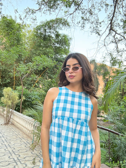 Classic A-Line Gingham Dress - Blue