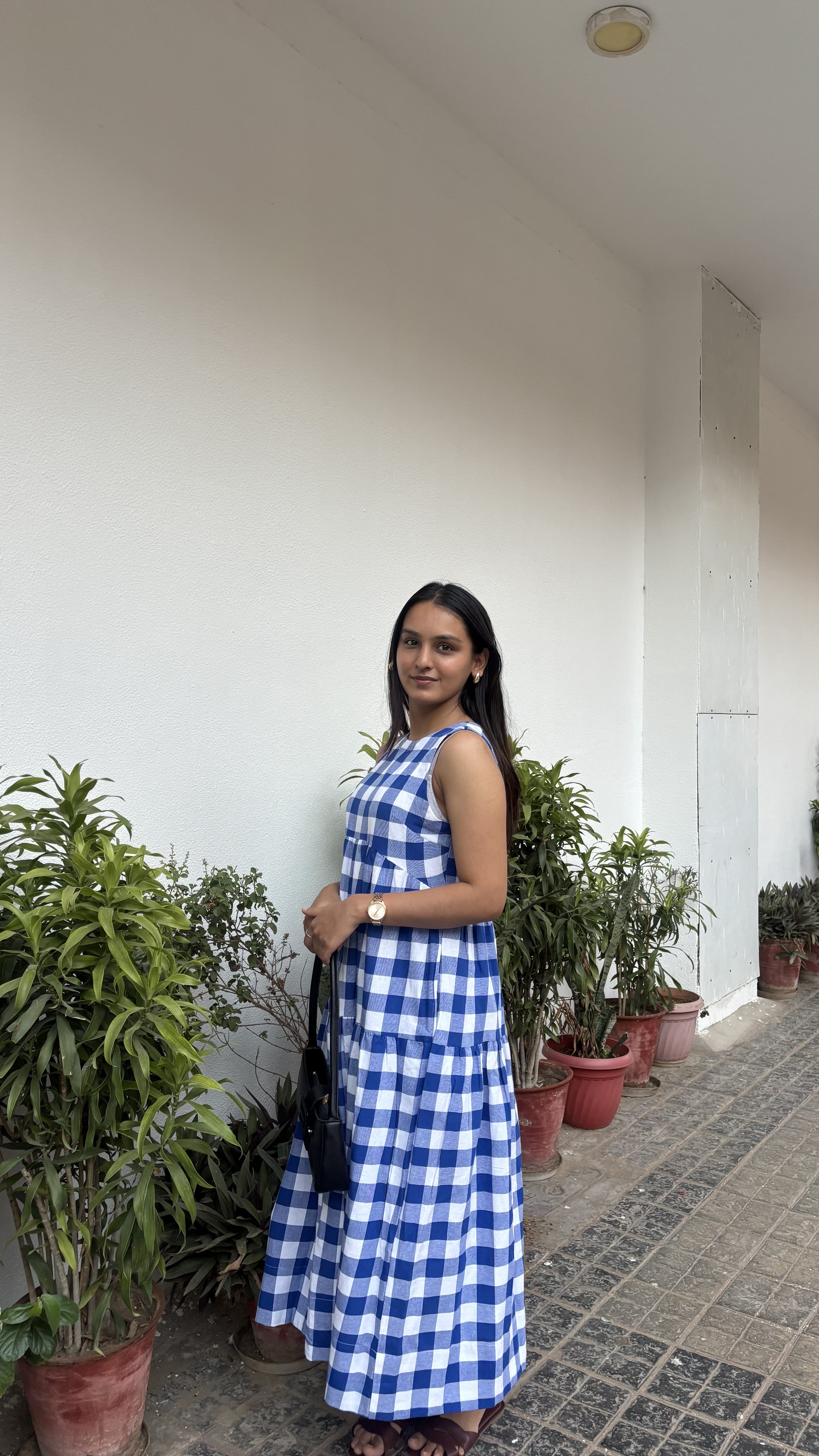 Classic A-Line Gingham Dress - Indigo