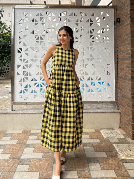 Classic A-Line Gingham Dress - Yellow