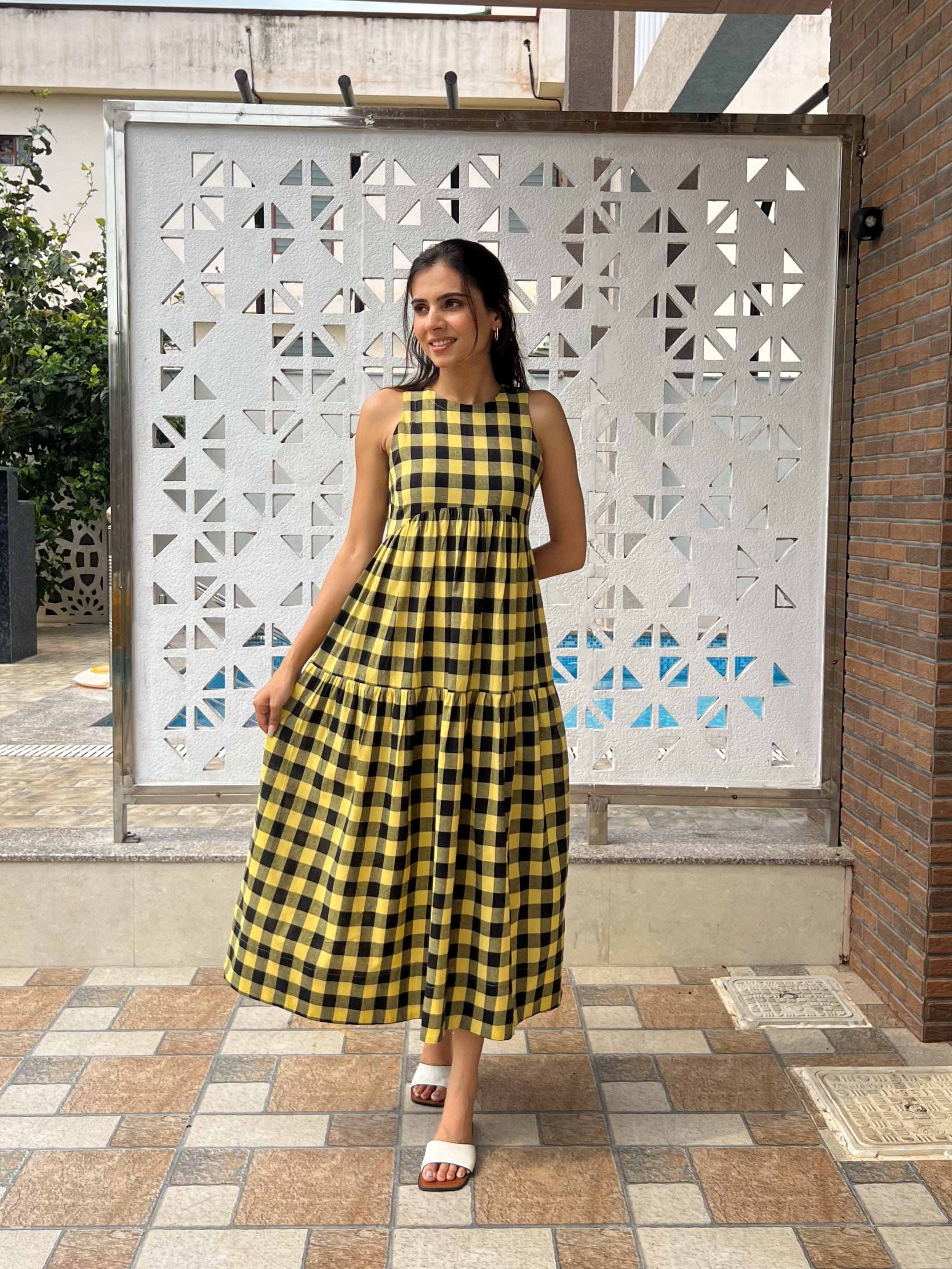 Classic A-Line Gingham Dress - Yellow