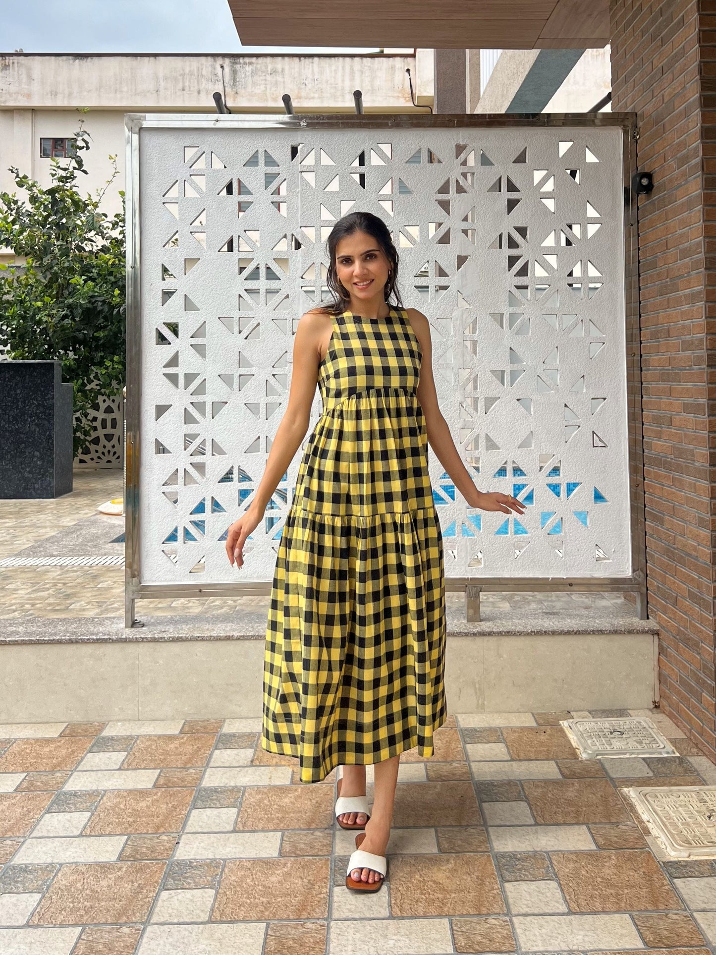 Classic A-Line Gingham Dress - Yellow