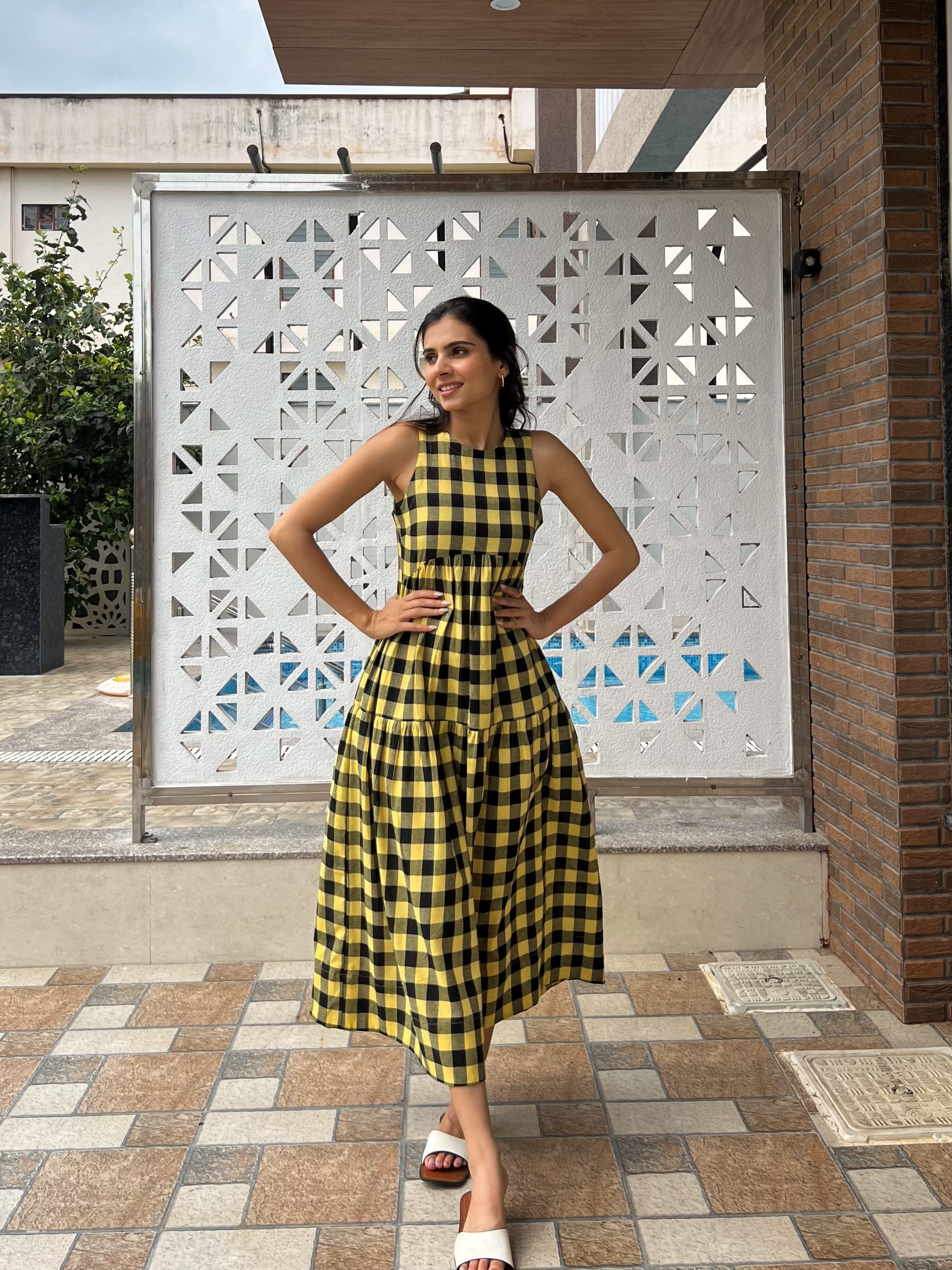 Classic A-Line Gingham Dress - Yellow