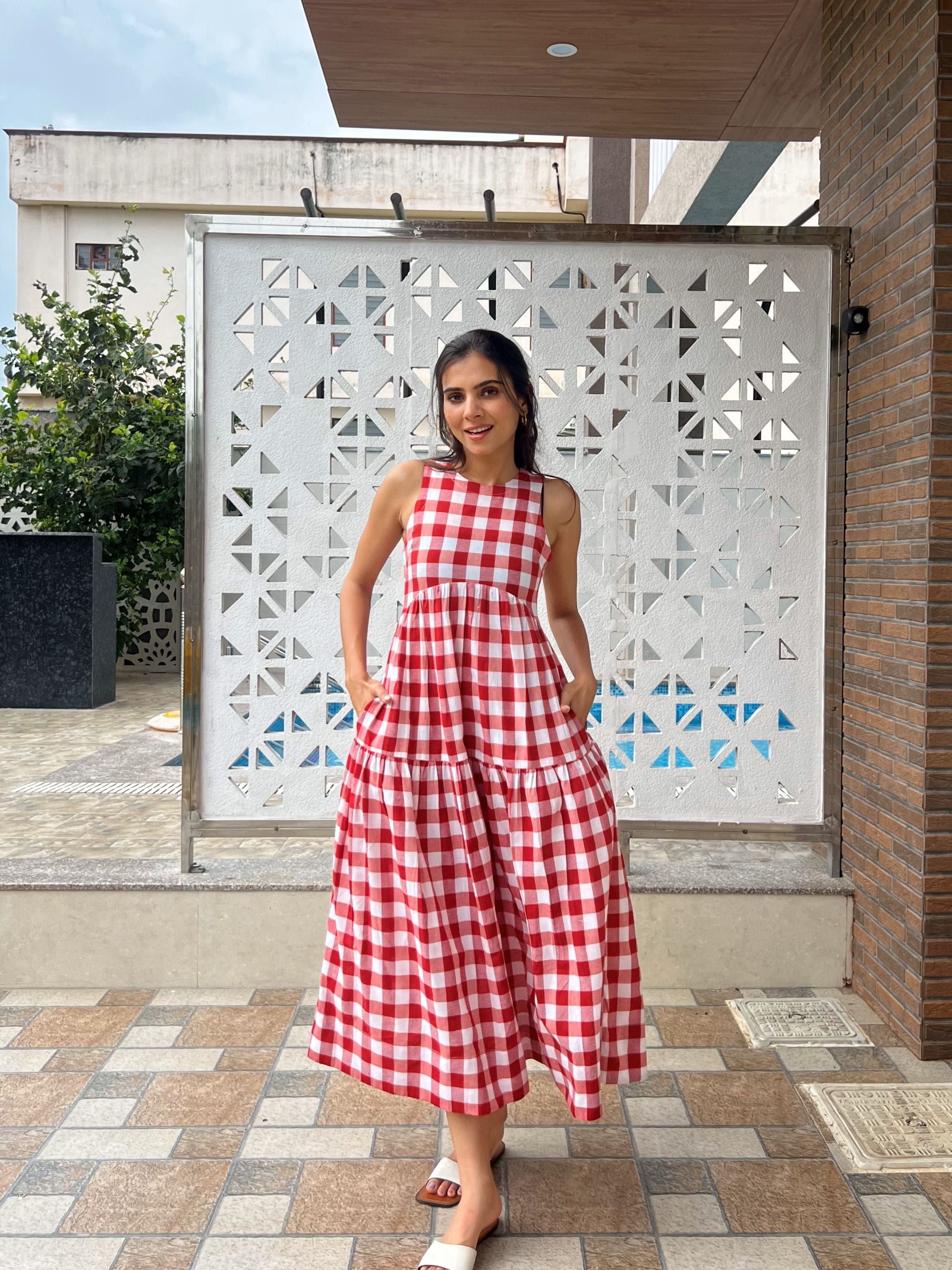 Classic A-Line Gingham Dress - White & Red