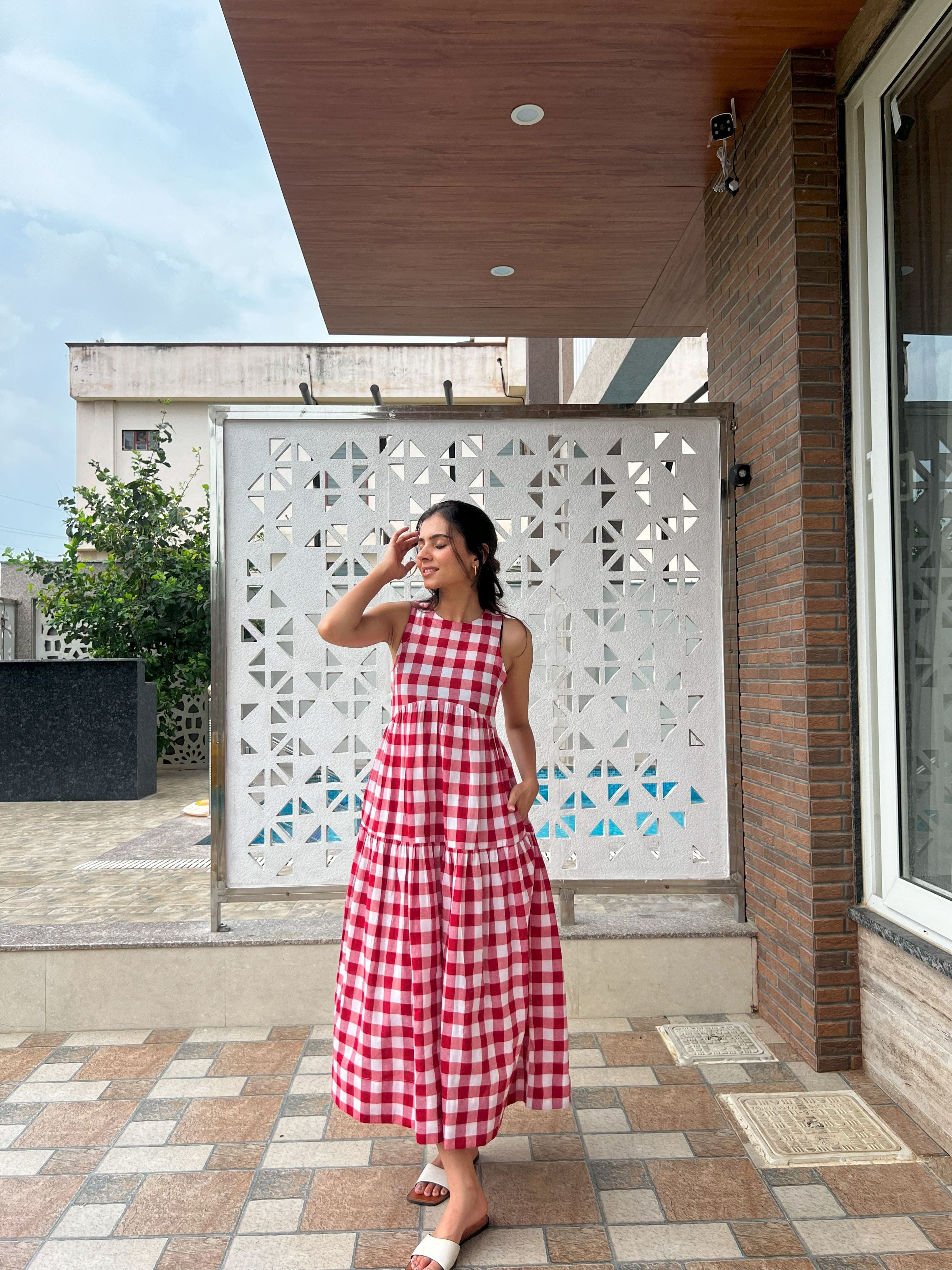 Classic A-Line Gingham Dress - White & Red