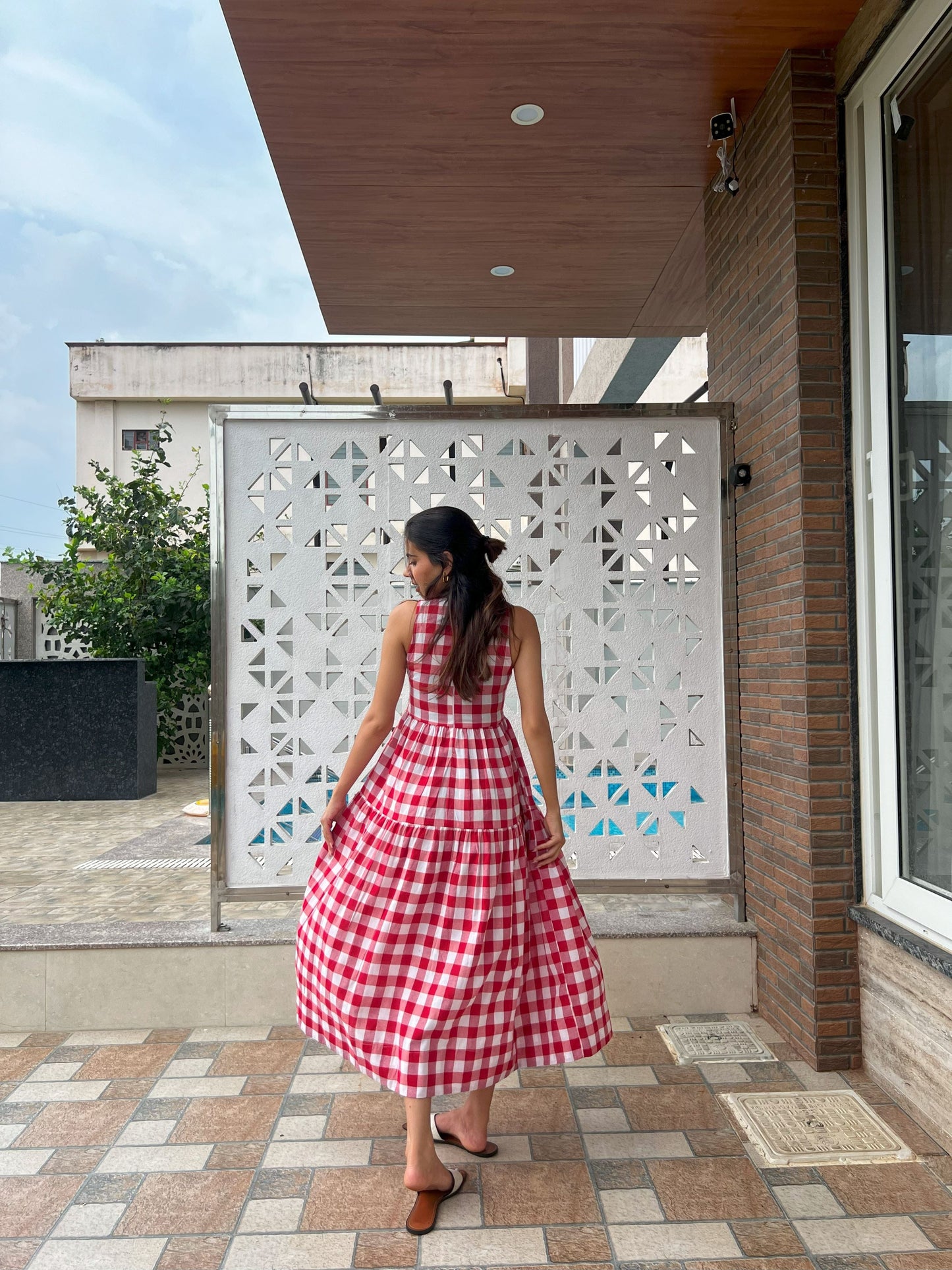 Classic A-Line Gingham Dress - White & Red