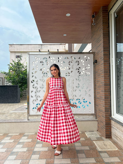 Classic A-Line Gingham Dress - White & Red