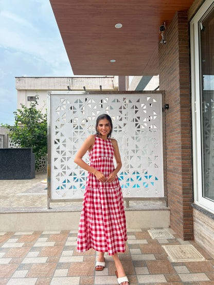 Classic A-Line Gingham Dress - White & Red